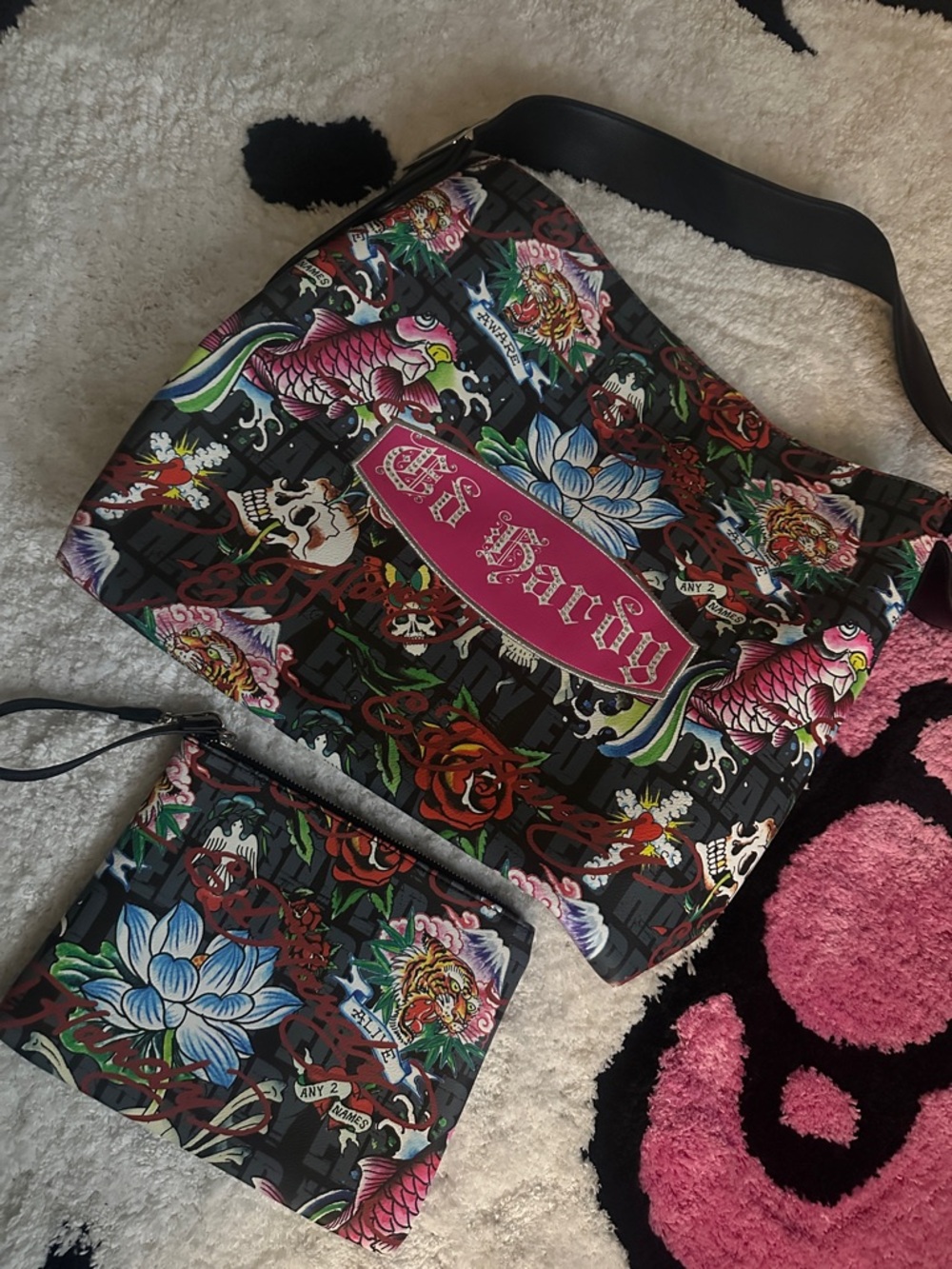 ED HARDY 2PC Black Multicolor Tattoo-Print Crossbody with Matching Wristlet